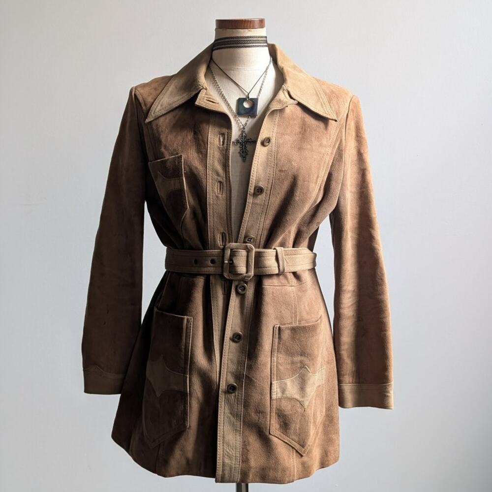 Vintage Leather Penny Lane Jacket Faux Fur Furry 70s Afghan Tapestry Trench Coat - Picture 5 of 16